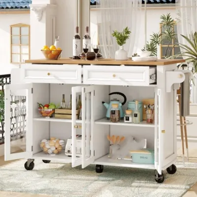 Obrázek produktu pro Kuchyňský ostrůvek s kolečky a skleněnými dvířky, Multifunkční servírovací vozík s úložným prostorem, Mobilní bufetová skříňka do jídelny