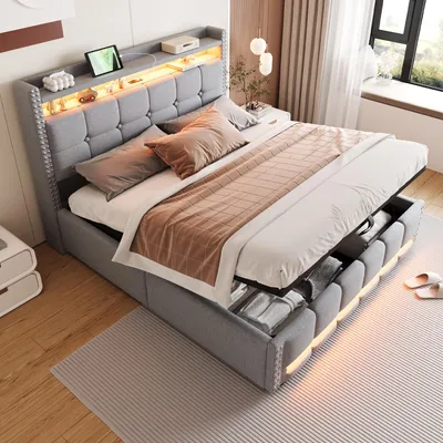 Productafbeelding van Merax Hydraulisch verstelbaar bed met bekleding, 160x200 cm, met LED-verlichting, linnenbed met USB-poort, hydraulische opbergruimte, hoofdeinde met opbergvakken, met klinknagels, lichtgrijs