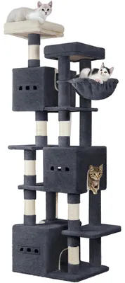 Imagen del producto de Katzenbaum: 193 cm de altura, 2 plataformas para descansar, 3 escondites, 7 postes rascadores, material de yute, color gris