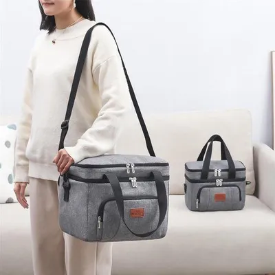 Image de Glacière isotherme grise à double compartiment avec bandoulière réglable, 10 L