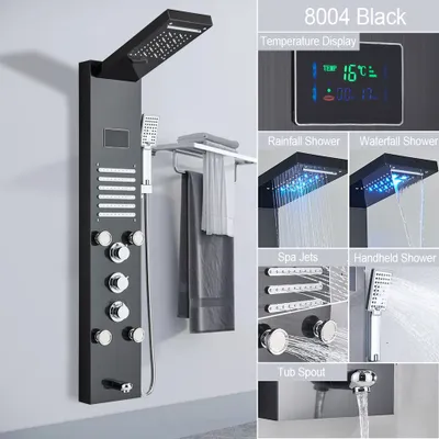 Obrázok produktu pre Linuode LED svetelný sprchový panel vodopád dažďová sprchová batéria sada SPA masážny prúd vaňa sprchový stĺpec sprchová batéria veža, čierna 8004
