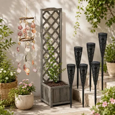 Produktbild von Solar-Gartendekor-Set (3-teilig) – Solar-Fackeln, Gitter-Pflanzkasten & Muschel-Windspiel