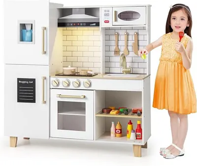 Imagen del producto de Cocina de juguete con accesorios, cocina infantil con máquina de helados, campana extractora, pizarra, parrilla y horno. Cocina de juego con luces y sonido, cocina de madera para niños a partir de 3 años (blanca)