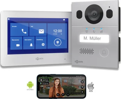 Produktbild von GOLIATH Video Türsprechanlage, 2-Draht-Bus, 7-Zoll-Monitor, Unterputz-Türklingel mit Kamera, Gegensprechanlage, Türöffner, Plug & Play, AV-BLS-01A