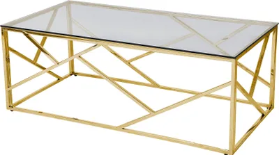 A rectangular coffee table with a glass top and a gold-colored metal frame is shown against a white background.