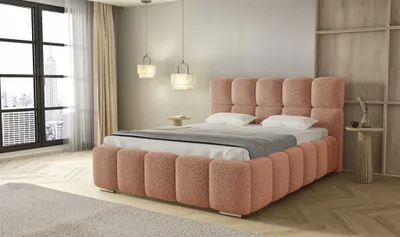 Produktbild von Polsterbett LUNA mit Kopfteil, 180 x 200 cm, Doppelbett mit Bettkasten und Lattenrost aus Metall, Boucle Stoff: Rosa