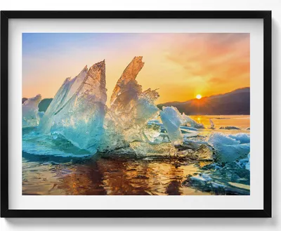 Produktbild von Eisstück bei Sonnenaufgang– Wandbild mit Rahmen – Gerahmtes Bild  – Wanddekoration – 80x60 cm –  Schwarz Rahmen