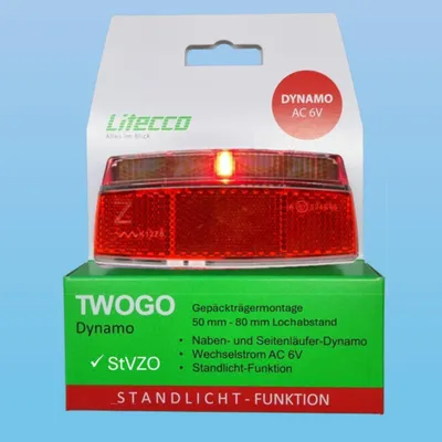 Produktbild von LED Rückleuchte für Dynamo mit Standlicht und großem Reflektor, Gepäckträgermontage 50 mm 80 mm StVZO Zulassung - Litecco TWOGO von mayersport