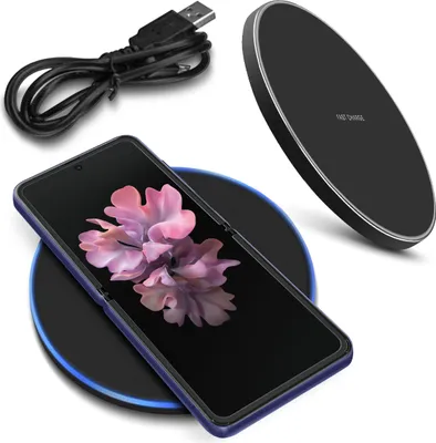 A phone and wireless charger are displayed on a white background.