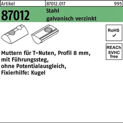 Produktbild von T-Nutenmutter R 87012 m.Fhrungssteg/o.Potenzialausgl. 8mm M 8 Stahl galvanisch verzinkt