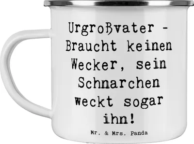 Produktbild von Mr. & Mrs. Panda Emaille Tasse Spruch Urgroßvater Schnarchen - Weiß - Geschenk, Generationsgeschichte, Jubiläen, Ahnen, Erbe, Haferl, einzigartige Designs, Familie, Pott