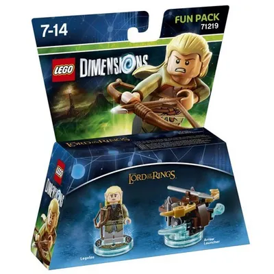 The image shows the packaging for a LEGO Dimensions Fun Pack featuring Legolas from The Lord of the Rings.