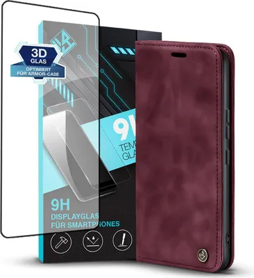 Produktbild von Handy Hülle für Xiaomi 12 Pro mit 9H Displayglas Klapphülle Bookcase Flip Cover Handy Tasche Etui Farbe: Weinrot