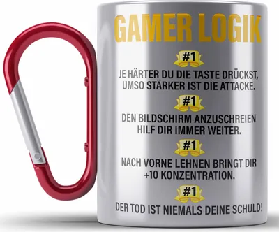 Produktbild von Trendation - Gamer Edelstahl Tasse Karabiner Geschenk Jungs Jungen Zocker Mitbringsel Männer Edelstahl Tasse Karabinern Zocken Gaming Geschenkideen PC Kinder Zubehör Spruch Lustig (Rot)