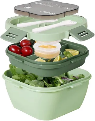 Produktbild von Unyqoos® Salatbox 1700 ml – auslaufsichere Lunchbox mit 3 Fächern, luftdichtes Dressing-Fach, PP (BPA-frei), inkl. Messer & Gabel