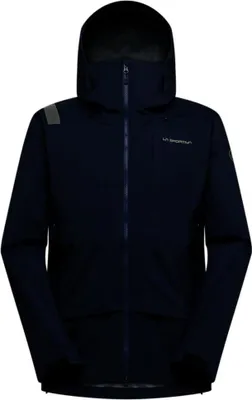 Dunkelblaue La Sportiva Sender GTX Performance Jacke mit Kapuze und durchgehendem Reißverschluss