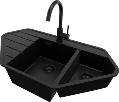 A black kitchen sink with a faucet.