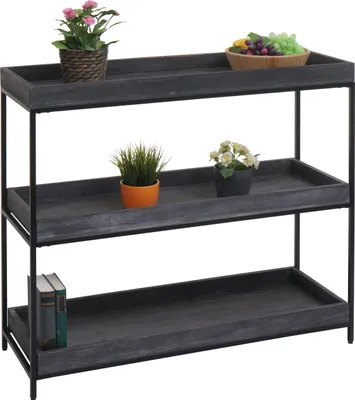 Zdjęcie produktu dla Półka HWC-K71, półka stojąca półka na rośliny półka na książki, drewno metal 3 półki 90x100x35cm ~ ciemnoszary