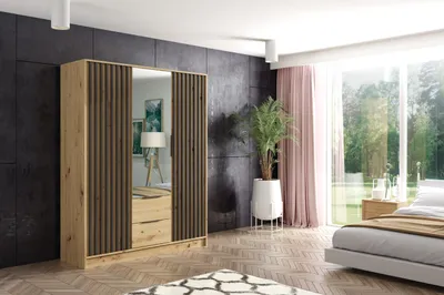 Produktbild von ALTDECOR Kleiderschrank NELIA mit Spiegel und selbstschließenden, Lamellentüren, Lamellen, Flügeltüren, 150 cm Artisan