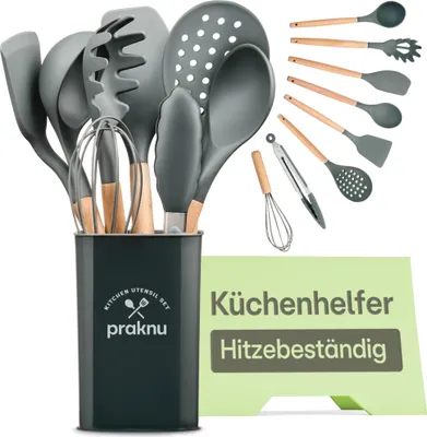 Produktbild von Küchenutensilien 8er Set Holz - Hitzebeständiges Silikon - Mit Loch zum Aufhängen