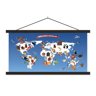 Produktbild von MuchoWow® Textilposter Weltkarte Kinder - Tiere - Erde 120x80 cm mit schwarzem Rahmen - Wanddeko