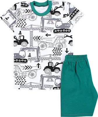 Produktbild von TupTam Kinder Jungen Pyjama Schlafanzug Set Kurzarm Nachtwäsche 2-teilig Sommer, Farbe: Bagger / Grün, Größe: 104