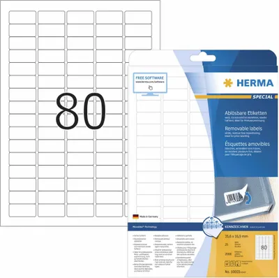 Zdjęcie produktu dla HERMA 10003, Biały, Samoprzylepne etykiety do drukowania, A4, Papier, Laser/Atrament, Wyjmowana
