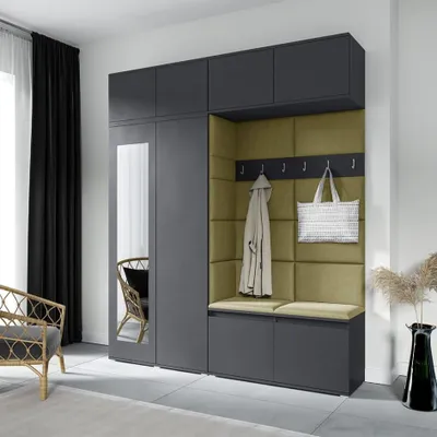 Produktbild von Garderoben-Set NIKOLA Kleiderschrank mit Polsterplatten, Schuhschrank und Schrankaufsatz 90cm Ideal für Flur und Eingangsbereich (Graphit, Trinity 27)