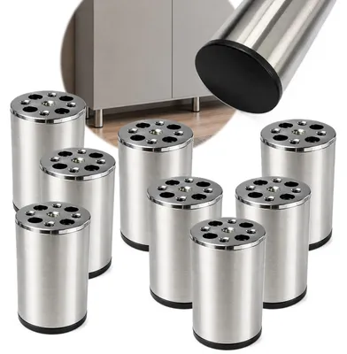 Produktbild von HOOZ® Möbelfüße Edelstahl 80 mm 8er Set [GEBÜRSTET] Möbelbeine Ø 50 mm – Schrankfüße für Kommode, TV-Board & Regal – Silber