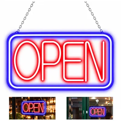 Produktbild von LED Neon Open Schild 42 x 23 cm mit Ein/Aus-Schalter, 12V Netzteil und heller Beleuchtung für Geschäft, Bar, Café, Salon und Hotel