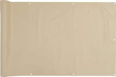 A beige balcony privacy screen laid flat, showing its texture and grommets.