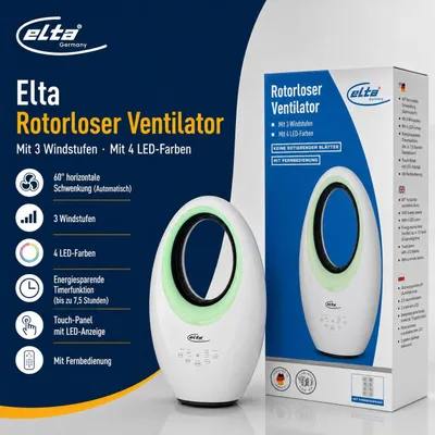 Produktbild von Elta Rotorloser Ventilator mit 3 Windstufen 4 LED Farben mit Fernbedienung
