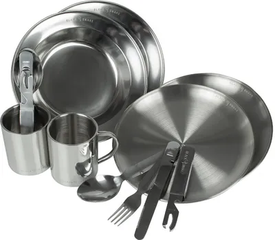 Produktbild von Camping Geschirr Set Edelstahl 2 Personen flache & tiefe Teller mit Besteck & Tassen