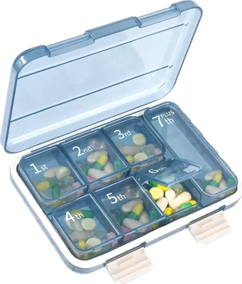 Obrázek produktu pro Organizér na léky na cesty, přenosná krabička na léky, extra velká krabička na léky se 7 oddělenými přihrádkami, držák na léky