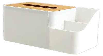 Imagen del producto de Caja de pañuelos multifuncional, diseño sencillo, con 2 compartimentos, fabricada en PP resistente y con base de madera. Cubierta rectangular para caja de pañuelos, ideal para el hogar u oficina