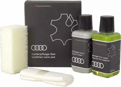 Produktbild von Original Audi Leder Pflege Set 4-teilig Reiniger Pflegecreme Schwamm Vliestuch