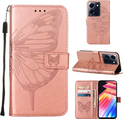 Produktbild von Lederhülle für Infinix Note 30 5G Schmetterling Prägung Flip Ledertasche Kartenfächer Handyhülle mit Ständer Pink