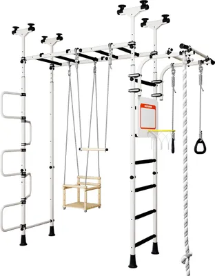 Obrázek produktu pro Šplhací stěna pro děti – kovová lezecká stěna do interiéru s gymnastickým lanem a posuvnou tyčí – Pegas 2, bílá a černá