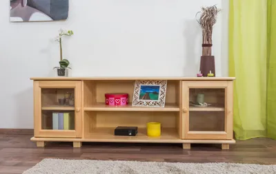Produktbild von TV-Schrank aus massivem Kiefernholz, 156 cm breit, 55 cm hoch, 47 cm tief, mit 2 Kabeldurchführungen