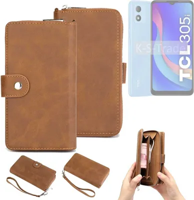 Produktbild von K-S-Trade Handyhülle Schutzhülle kompatibel mit TCL 305i & Portemonnee Tasche Handytasche Case Etui Geldbörse Wallet braun (1x)