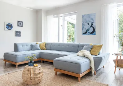 Image de MIUFORM Dazzling Daisy - Canapé d'angle avec fonction lit et coffre de lit U-FORM GAUCHE - 330x190cm - Bleu clair - Canapé-lit Canapé