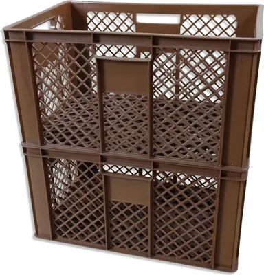 Two stacked brown plastic crates with a lattice design.