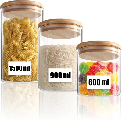 Productafbeelding van com-four® 3-delige set voorraadpotten van borosilicaatglas met bamboe deksels