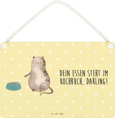 Produktbild von Mr. & Mrs. Panda Schild Katze Fressen DIN A4 - Gelb Pastell - Geschenk, Holzschild, holzbild, wandtafel, Wandschild, Türschild