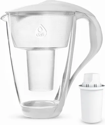 A clear, studio shot of a Dafi water filter jug and a spare filter.