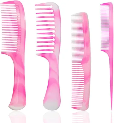 Produktbild von Set mit 4 rosa Stielhaarkämmen mit breiten und feinen Zinken - Für Männer und Frauen