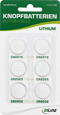 Produktbild von InLine® Knopfbatterien-Set, 3V Lithium, 2x CR2016, 2x CR2025, 2x CR2032, 6er Pac