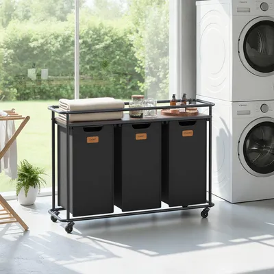Produktbild von VASAGLE Wäschesammler mit Rollen, Wäschekorb 3 Fächer, 150 L, Wäschesortierer mit Ablage, Wäschewagen, abnehmbare Taschen, 6 Etiketten, Waschküche