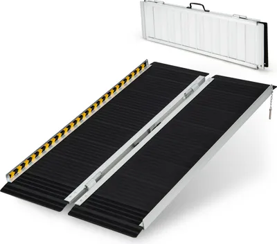 Produktbild von GOPLUS Rollstuhlrampe aus Aluminium, tragbare Aluminiumrampe mit Übergangsplatte & Rutschfester Oberfläche & reflektierendem Warnaufkleber, Klapprampe für Treppen, Kofferraum (122 x 74 cm)