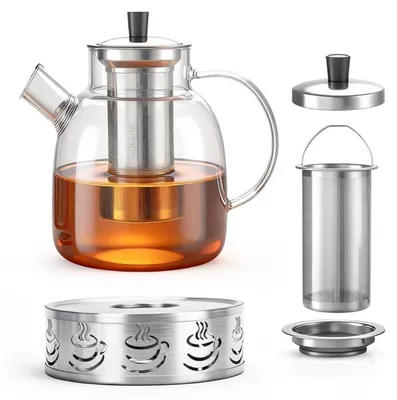 Obrázok produktu pre Sklenená konvička s podstavcom, objem 1,8 l, nerezový filter, vhodná do mikrovlnnej rúry a umývačky riadu, tepelne odolná